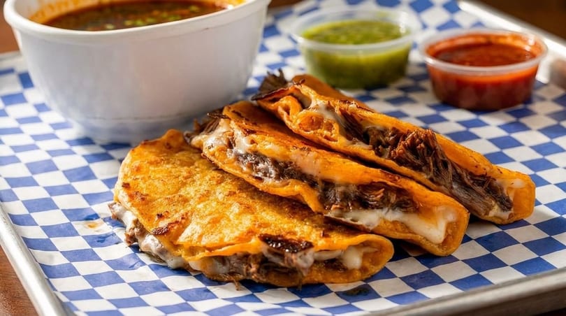 Three cheesy birria tacos with consommé and two salsas on a blue and white checkered tray.